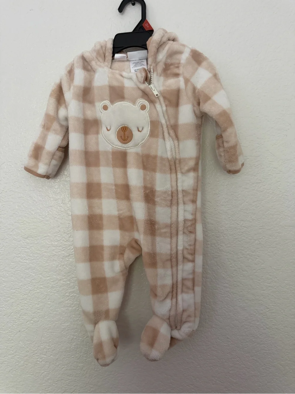 Mick Mack Baby Bear Fleece Footed Pram Suit Hooded Sleeper Gingham Tan 6-9M